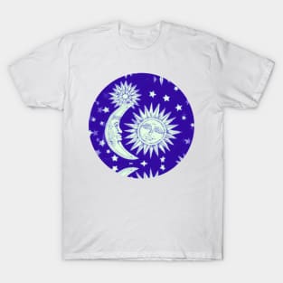 Vintage Celestial Sun Moon and Stars in Blue T-Shirt